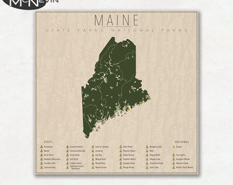 MAINE PARKS, National and State Park Map, Fine Art Photographic Print for the home decor.