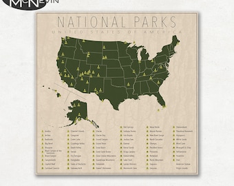 PARCS NATIONAUX DES ÉTATS-UNIS, carte du parc des États-Unis avec les frontières des États, impression photographique d'art pour la décoration intérieure.