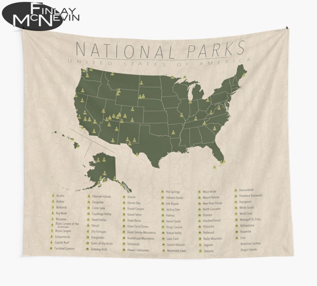 UNITED STATES PARKS Tapestry, National Park Map With State Borders 