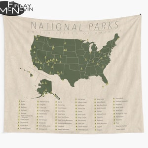 UNITED STATES PARKS Tapestry, National Park Map with State Borders, Wall Tapestry for the home decor.