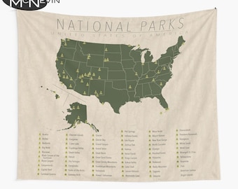 UNITED STATES PARKS Tapestry, National Park Map with State Borders, Wall Tapestry for the home decor.