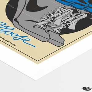May include: A vintage-style poster with a blue and gray sneaker, the laces tied in a bow. The text "Just Floozle" is written in blue cursive with the tagline "The only thing to do was dance".