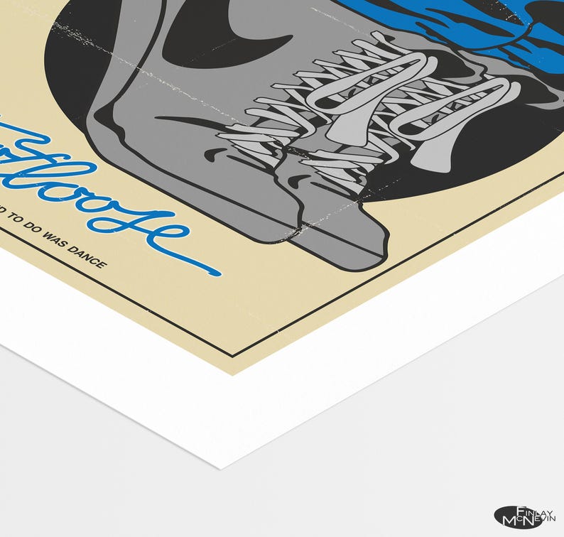 May include: A vintage-style poster with a blue and gray sneaker, the laces tied in a bow. The text "Just Floozle" is written in blue cursive with the tagline "The only thing to do was dance".