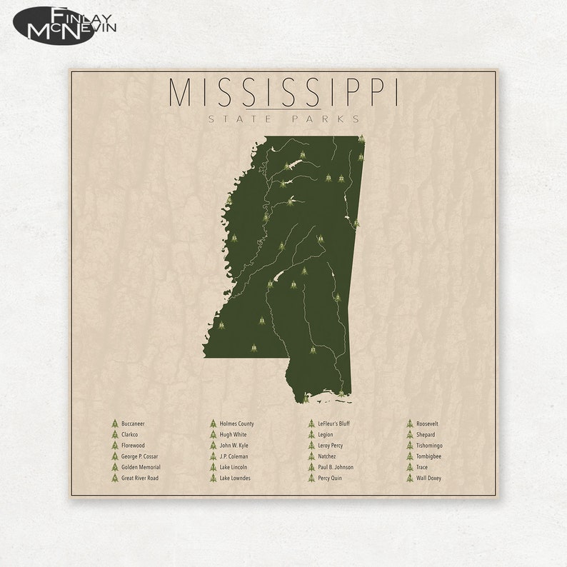 MISSISSIPPI PARKS, State Park Map, Fine Art Photographic Print for the home decor. image 1