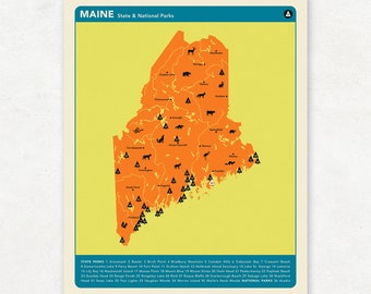 MAINE PARKS - Orange Version, National and State Park Map, Fine Art Photographic Print for the home decor.