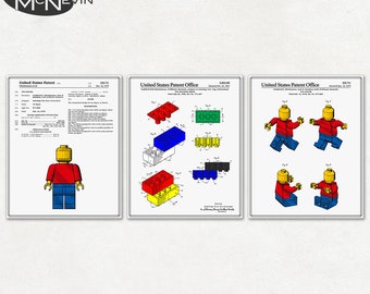 LEGO PATENT 3-PACK, Vintage Fine Art Print Posters, Colour, Blueprint, or Black and White