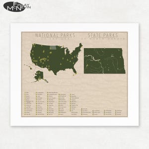 North Dakota Parks & U.S. National Parks Map, Giclée Print, Vintage Wall Art, Unframed, Nature Lover Gift