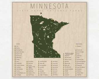 MINNESOTA PARKS, National and State Park Map, Fine Art Photographic Print for the home decor.