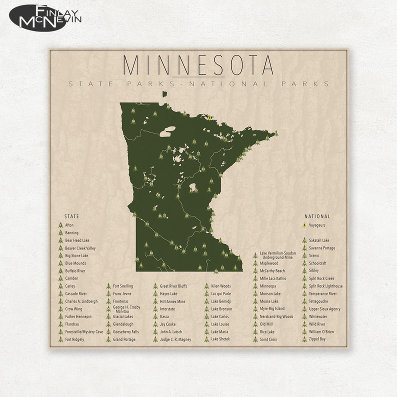 MINNESOTA PARKS, National and State Park Map, Fine Art Photographic Print for the home decor. image 1