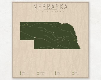 NEBRASKA PARKS, State Park Map, Fine Art Photographic Print for the home decor.
