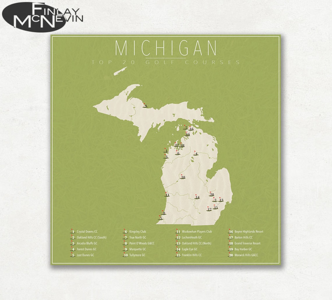 MICHIGAN GOLF COURSES Michigan Map Featuring the Top 20 Golf Etsy