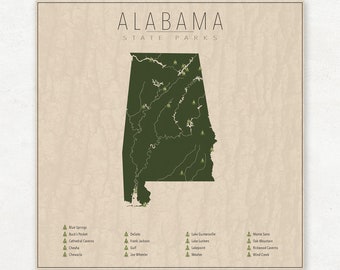 ALABAMA PARKS, carte des parcs d'État, impression photographique d'art pour la décoration intérieure.