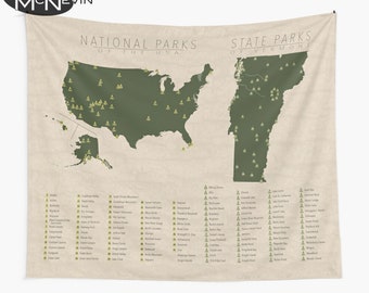 NATIONAL & STATE PARK Map of Vermont and the United States, Wall Tapestry for the home decor.