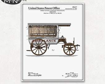 AMBULANCE Patent, Vintage Fine Art Print Poster, Colour, Blueprint, or Black and White