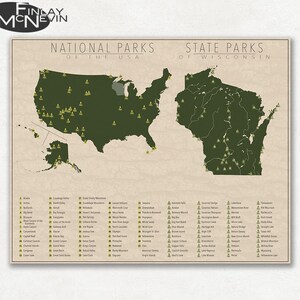 NATIONAL and STATE PARK Map of Wisconsin and the United States, Fine Art Photographic Print for the home decor. image 1