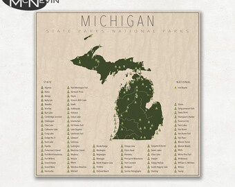 MICHIGAN PARKS, National and State Park Map, Fine Art Photographic Print for the home decor.