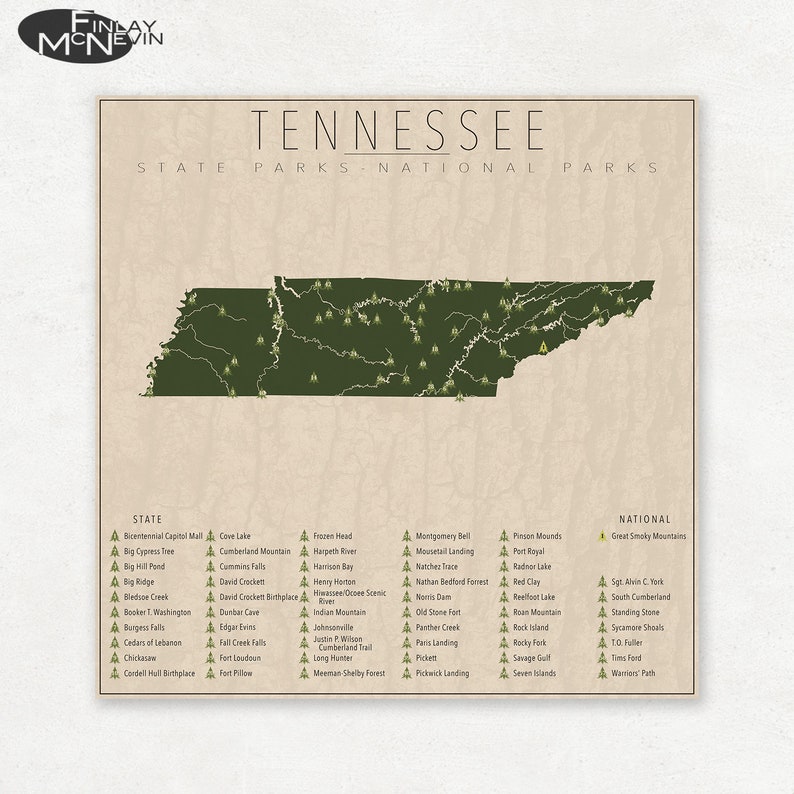 TENNESSEE PARKS, National and State Park Map, Fine Art Photographic Print for the home decor. image 1