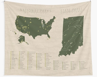 NATIONAL & STATE PARK Map of Indiana and the United States, Wall Tapestry for the home decor.