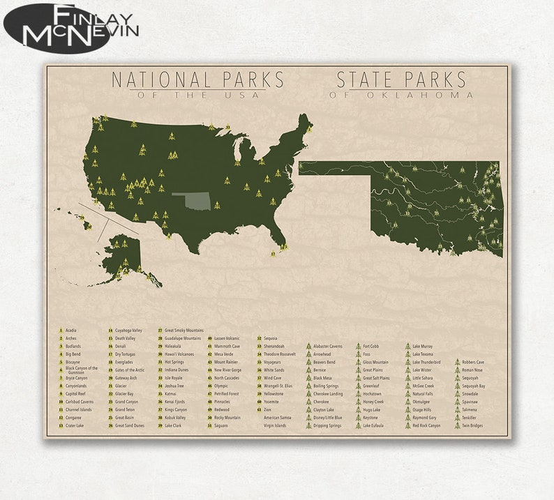 NATIONAL and STATE PARK Map of Oklahoma and the United States, Fine Art Photographic Print for the home decor. image 1