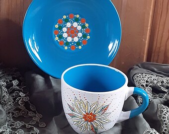 Cup and Saucer Set, Dot art, Folk Art, Tole Painting Display, Personal, Gift, 2 piece