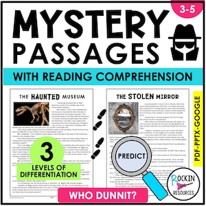 May include: A colorful educational resource titled "Mystery Passages with Reading Comprehension" features text and illustrations. The design includes a detective silhouette, a dinosaur skeleton, a mirror, and a magnifying glass with the word "Predict."
