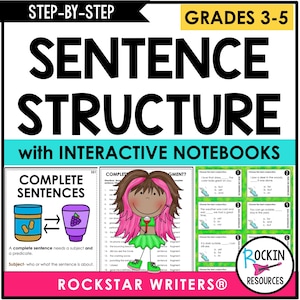 Può includere: Un set di schede didattiche intitolato Sentence Structure with Interactive Notebooks per le classi 3-5. Presenta un personaggio dei cartoni animati con capelli rosa, un barattolo di burro di arachidi, uno di gelatina e vari esercizi.