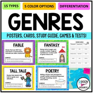 May include: A colorful poster with the word "GENRES" in large black letters. The poster lists 15 different types of genres, including fable, fantasy, tall tale, and poetry. Each genre is illustrated with a colorful image and examples of books that fit into that genre. The poster also includes a "Genre Menu" chart with different categories of genres.