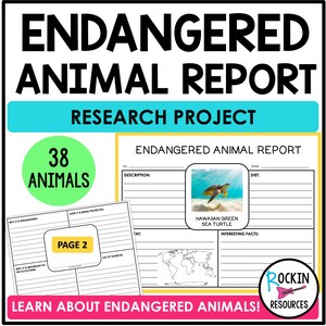 May include: A printable educational resource titled "Endangered Animal Report." The design features the text "Endangered Animal Report" and "Research Project." It includes a section on the Hawaiian Green Sea Turtle, and the text "Learn About Endangered Animals!"
