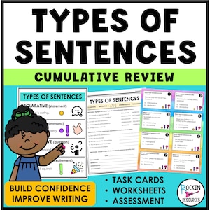 May include: Educational materials titled Types of Sentences Cumulative Review featuring a cartoon character, a reference chart, a worksheet with instructions, and eight numbered task cards with multiple-choice questions about sentence types.