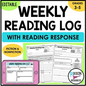 May include: A colorful educational graphic with the text "Weekly Reading Log" and "Fiction & Nonfiction." Includes sample reading log pages and a pink tablet displaying a reading log template. The design is geared towards grades 3-5.