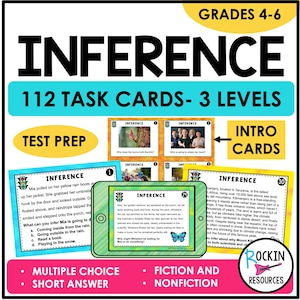 May include: Educational resource featuring "INFERENCE" task cards for grades 4-6. The image displays a variety of cards with multiple-choice and short-answer questions, covering fiction and nonfiction topics. The cards are designed for test prep.