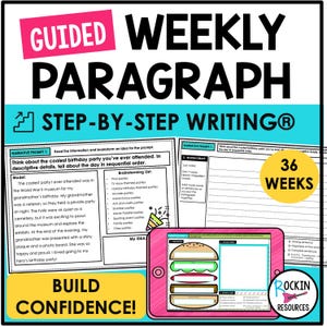 Puede incluir: Un cuaderno de trabajo titulado "Guided Weekly Paragraph" con instrucciones de "Step-by-Step Writing". La imagen incluye una tableta rosa con un gráfico de hamburguesa, un círculo amarillo con "36 Weeks" y el texto "Build Confidence!"