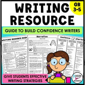 May include: A writing resource guide for grades 3-5 featuring educational sheets on narrative writing, sentence starters, and paragraph structure. The design includes a cartoon character with glasses holding a yellow pencil and the text Rockin Resources.