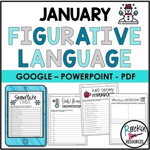 Puede incluir: Un recurso educativo digital titulado "Lenguaje Figurativo de Enero" con un gráfico de muñeco de nieve. La imagen incluye hojas de trabajo sobre símiles, onomatopeyas e hipérboles, junto con el texto "Google - PowerPoint - PDF."