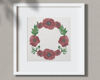 Cross stitch Poppy Wreath pdf pattern