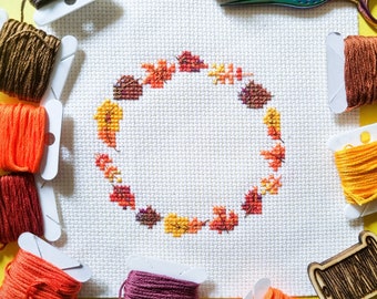 Cross stitch autumn leaves wreath pdf pattern