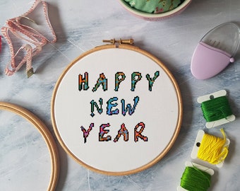 Happy new year | cross stitch pattern | counted cross stitch chart | modern digital PDF pattern | instant download