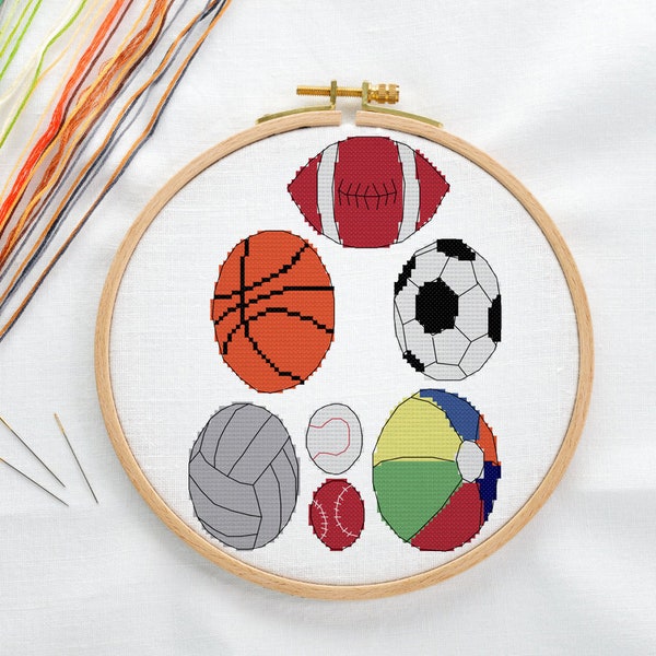 Sports balls, counted cross stitch pattern, Digital PDF pattern, instant download