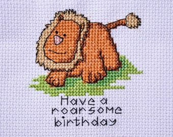 Have a roarsome Birthday, lion Birthday card, cross stitch pattern. Digital PDF pattern. Instant download.