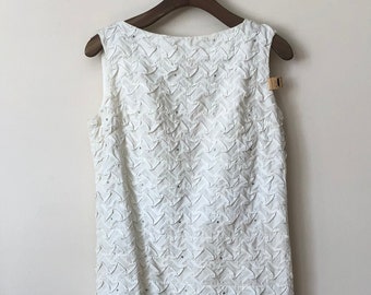 1960s white textured sleeveless cocktail dress with rhinestones