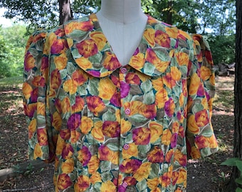 1990s shiny floral mini house dress with puff sleeves and peter pan collar