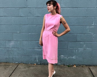 1960s pink beaded irish linen sheath dress