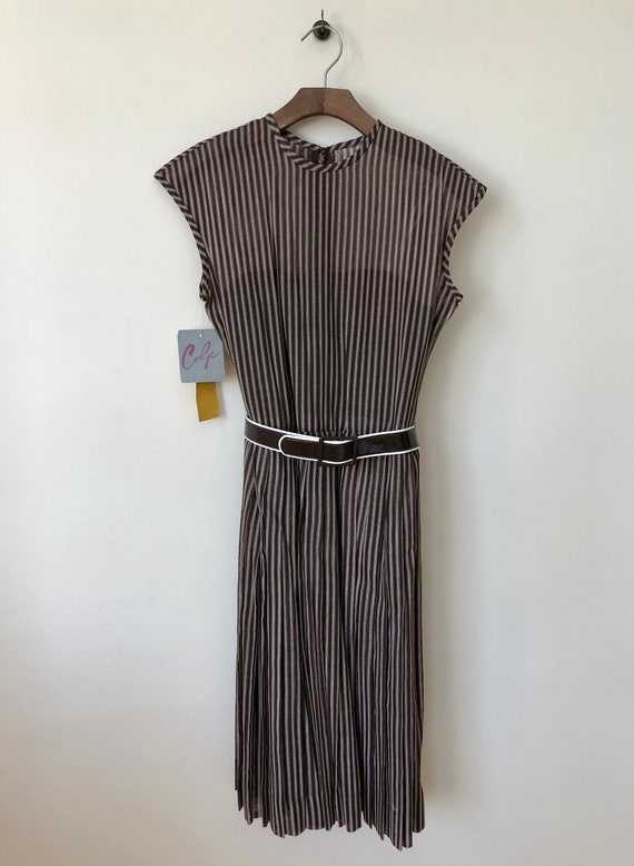 black and white striped dress with brown belt Tied Striped Spaghetti Strap Dress Black / M main image 1