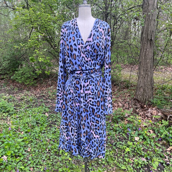 1990s Diane Von Furstenberg silk wrap dress, light blue leopard print, long sleeve knee length, vintage deadstock work office professional