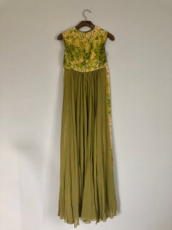 1960s Cahill green floral gown with chiffon train - image 3