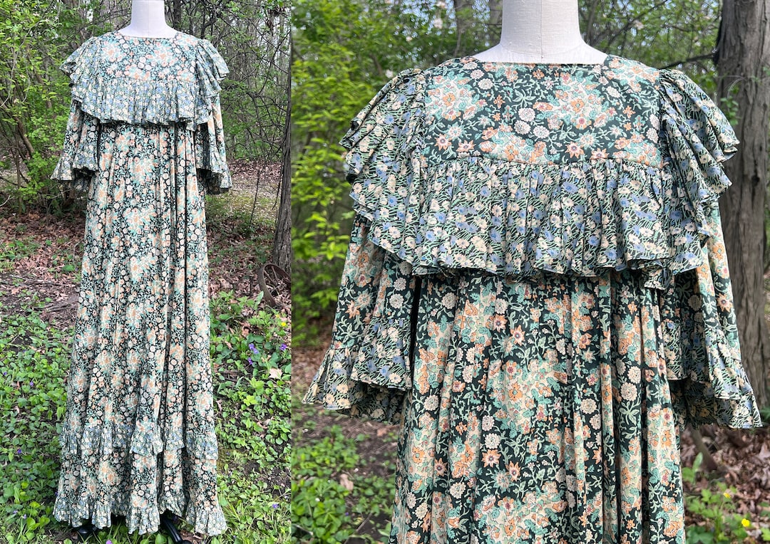 1972 Gina Fratini Green Floral Gown, Vintage Ruffle Flowy Maxi Dress 70s Boho Designer, a ...