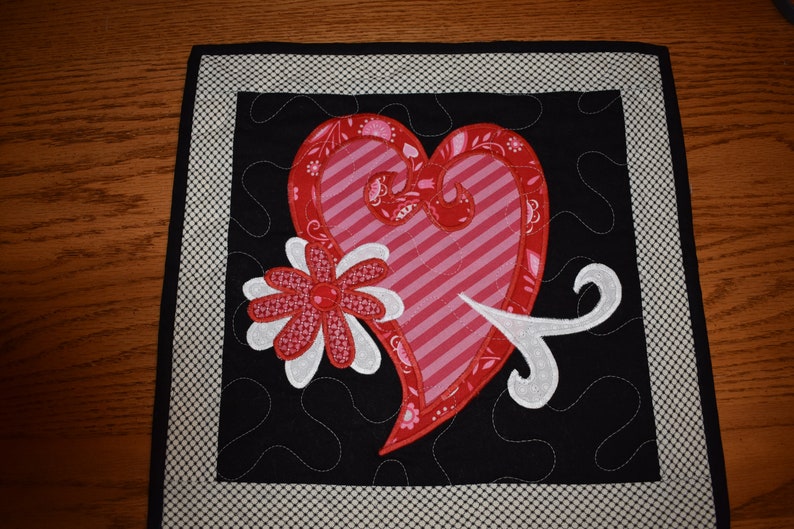 Mini Quilt with a Two Layered Heart and a Two Layered Flower 14 x 14