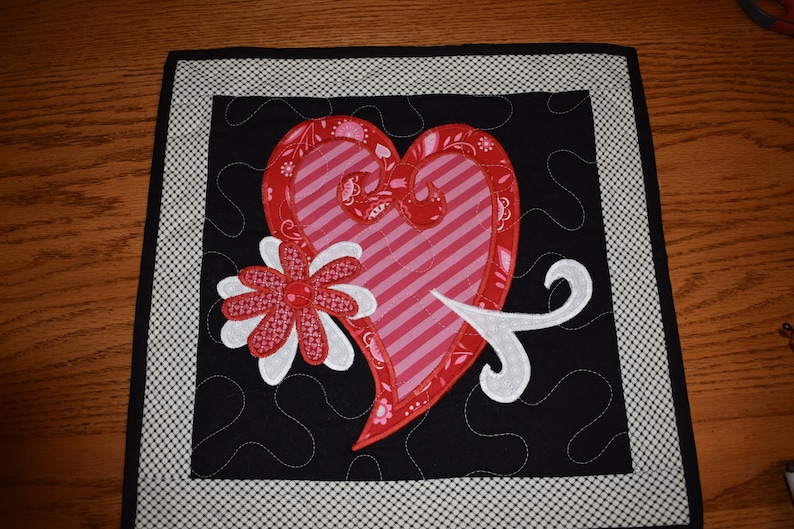 Mini Quilt with a Two Layered Heart and a Two Layered Flower 14 x 14