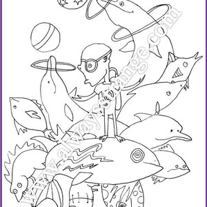 May include: A black and white line drawing of an alien juggling dolphins and other sea creatures. The alien is wearing goggles and has a long, thin body. The sea creatures are all different shapes and sizes, and some are wearing hats.