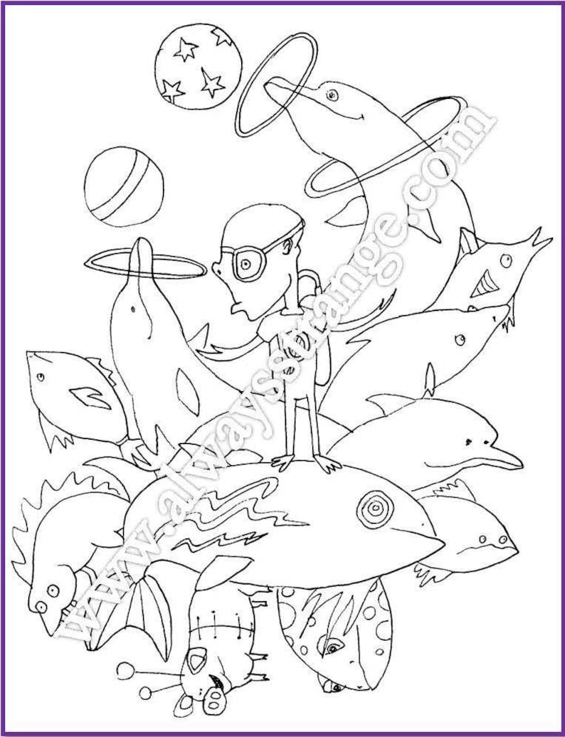 May include: A black and white line drawing of an alien juggling dolphins and other sea creatures. The alien is wearing goggles and has a long, thin body. The sea creatures are all different shapes and sizes, and some are wearing hats.